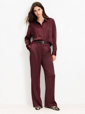 Loft Peyton Wide-Leg Satin Trouser in Burgundy